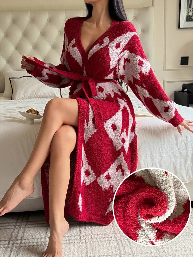 Geometric Pattern Loose Knit Long Sleeve Robe, Women Autumn/Winter Sleepwear Outerwear