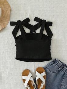 年轻女孩优雅纯色修身甜美蝴蝶结系带肩侧褶皱吊带背心，母女及姐妹装 - 黑色 - 查看 2