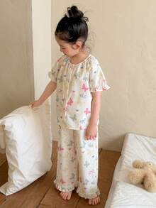 DAZY 女童可爱蝴蝶印花短袖上衣和裤子睡衣套装，夏季 - 白色 - 查看 4