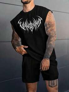GymBeat Áo tank top nam cổ tròn in họa tiết Gothic, kiểu dáng thường ngày, thích hợp cho tập luyện thể thao. - màu đen - Xem 4