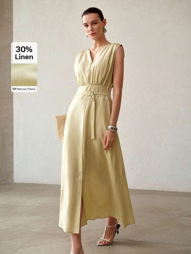 WOMEN'S SUMMER LINEN ELEGANT BUCKLE WAIST STRAP DRESS