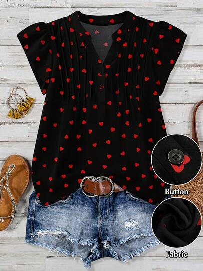 Elenzga Plus Size Women's Heart Print V-Neck Casual Blouse