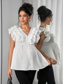Momance Maternity V-Neck Ruffle Front Button A-Line Shirt - White - View 1