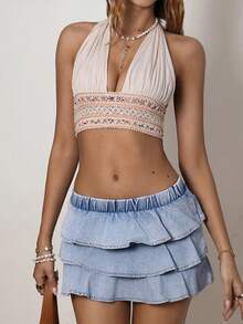 Sunnyshic Women's Elastic Waist Layered Ruffle Hem Fashionable Denim Skirt - Blue - View 2