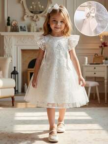 SHEIN Young Girl Woven Round Neck Ruffle Hem Fitted Dress - White - View 10