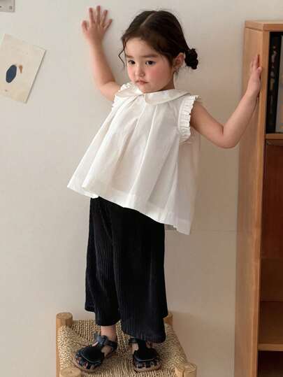 Dazy Kids 2件套女婴圆领蝴蝶结装饰韩版衬衫和宽松裤子套装