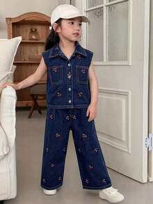 Dazy Kids Young Girls Sleeveless Dark Washed Denim Vest And Wide Leg Jeans Set Summer - Blue - View 2