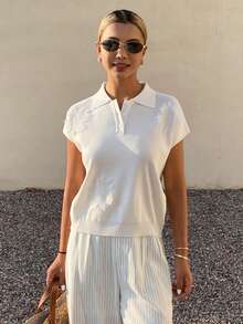 DAZY Colorblock 3D Floral Polo Collar Loose Casual Lightweight Knit Sweater For Women, Summer - White - View 3