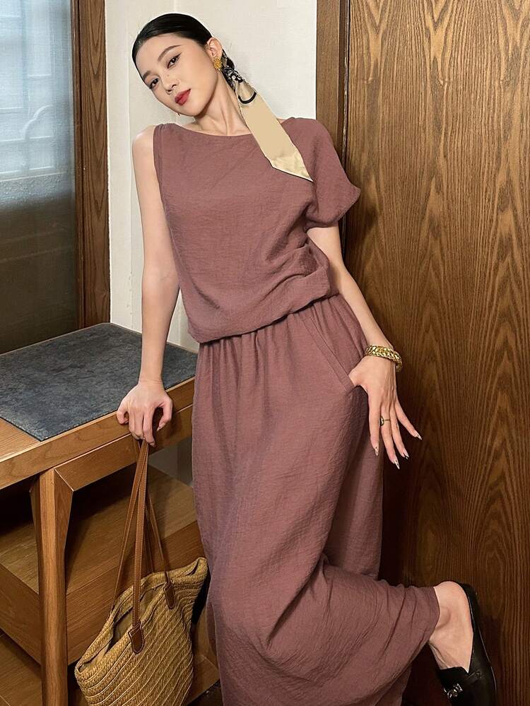 Women's Elegant Solid Color Asymmetric Shoulder Sleeveless Top And Skirt 2 Pieces Set, Summer