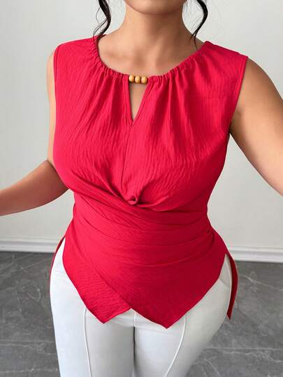 Elenzga Plus Size Women's Elegant Crossover Hem Waist Cinched Camisole Top, Wine Red With Wooden Bead Decor, Soft Woven Fabric, Suitable For Back To School, Graduation, Valentine's Day, Music Festival, Mother's Day, Halloween, Thanksgiving, Easter, National Day, Prom, Date Night, Wedding Season, Outdoor Trips