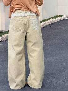 DAZY 少女口袋纽扣蕾丝拼接休闲百搭日常阔腿牛仔裤 - 卡其色 - 查看 4