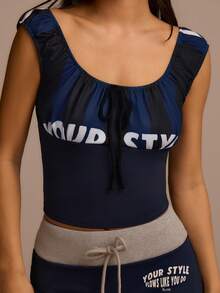 Fluxe Women's Casual Striped Patchwork Letter Print Backless Top, Summer - Black - View 8