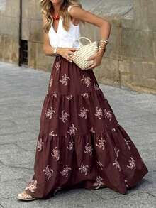 SHEIN Clasi Women's Elastic Waist Floral Embroidery Pattern Boho Skirts,Dark Brown Autumn Long Summer Skirt,Vacation Holiday Floral Print Casual Elegant Skirt - Rust Brown - View 12