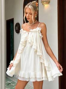 MainGRL Vestido corto de tirantes con volantes en el bajo, unicolor, adecuado para fiestas, reuniones, salidas, vacaciones en la playa y otras ocasiones - Albaricoque - Ver 1