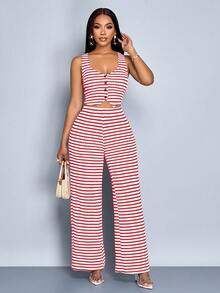SOLERSUN Women Striped Striped Sleeveless V-Neck Front Button Vest And Pants Set - Red - View 6
