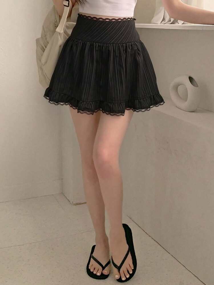 Women's Casual Solid Color Lace Trim Skirt, Summer