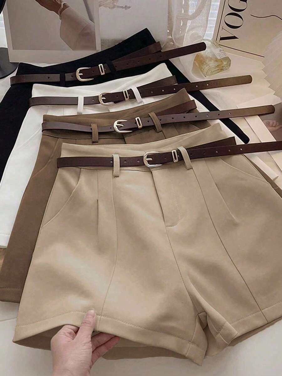 INAWLY 女士黑色、白色、咖啡色、灰色休闲短裤，适合商务和通勤（不含腰带） - 彩色 - 查看 1