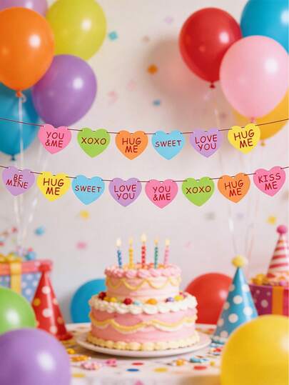 2件套情人节装饰横幅，粉彩糖果心形串旗，纸质三角旗，适用于婚礼、周年纪念、闺蜜节派对家居装饰