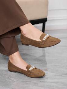 CUCCOO BIZCHIC Women's Square Toe Loafers With Metal Ring Buckle Design, Versatile Slip-On Shoes For Commuting And Work - Coffee Brown - View 5