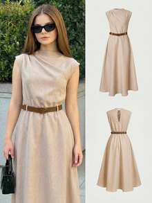 SHEIN Girlism 优雅卡其色纯色无袖连衣裙（含腰带），适合通勤和返校季穿着 - 米色 - 查看 5