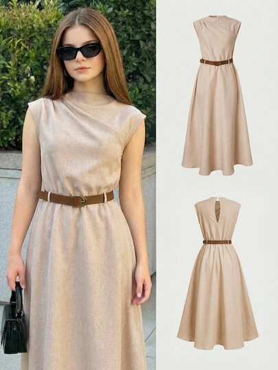 SHEIN Girlism Elegant Linen Brown Khaki Solid Sleeveless Dress (With Belt) - Teen Style Back-To-School Season Khaki Belted Dress Light Brown Dress For Women Linen Brown Dress Casual Fashion Commuter Style Stand Collar With Ruffled Waistline Khaki A-Line Skirt Minimalist Linen Brown Dress  New Ss26 Fashion