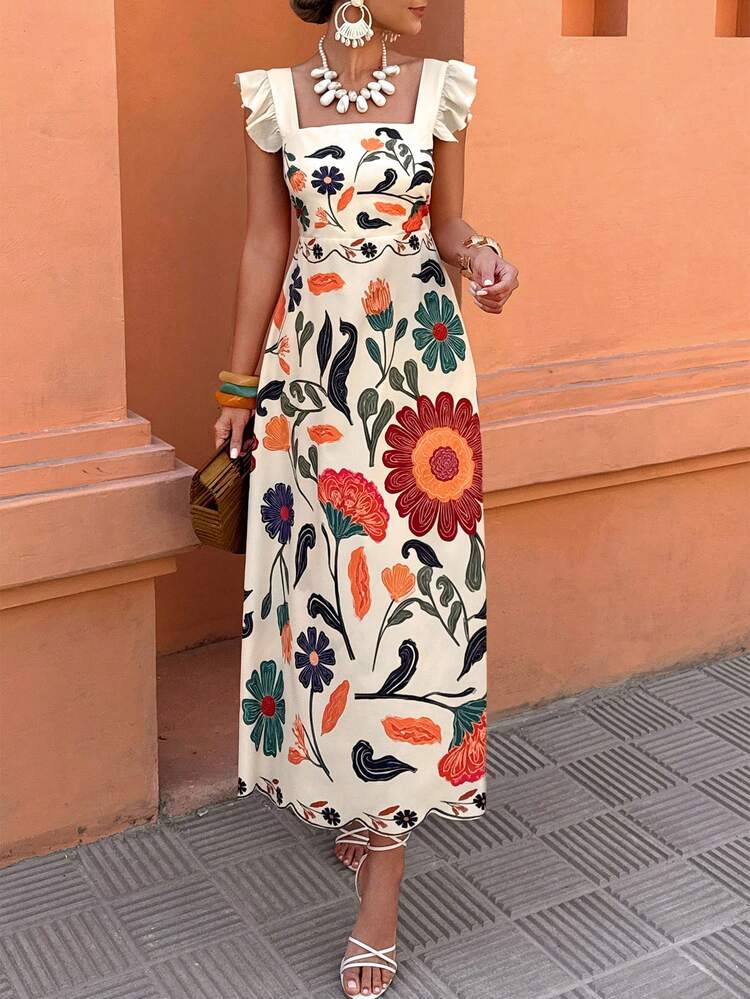 Selianne Vestido largo estampado bohemio amarillo - Mangas con volantes y cuello cuadrado, cintura ceñida, versátil para uso casual/vacacional ( y verano para mujeres) - Multicolor - Añade 6