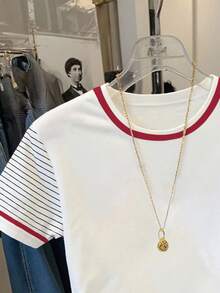 Resyla Camiseta de manga corta casual de mujer con rayas y parches, para verano - Blanco - Ver 5