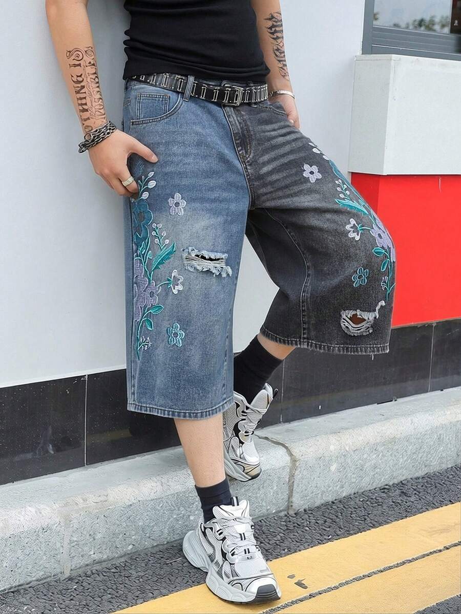 Manfinity EMRG Men's Embroidered Distressed Slant Pocket Casual Denim Shorts - Blue - View 1