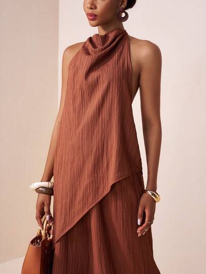 Zivah Pring/Summer New Arrivals: Music Festival, Western, Nomadic, Birthday Party, Graduation Season, Preppy, Student Wear, Everyday Wear, Basic Versatile, Casual, Vacation, Cruise Travel, Beach, Seaside, Sunbathing, Influencer Hot Items, Streetwear, Wedding Guest Wear, Bohemian, Commuter Wear, Brunch Wear, Airport Wear, Casual And Elegant. Crinkled Fabric Halter Neck Sleeveless Backless Top With Asymmetrical Hem And Wide-Leg Pants With Pockets. Women's Loose Crinkled Fabric Two Pieces Set - A