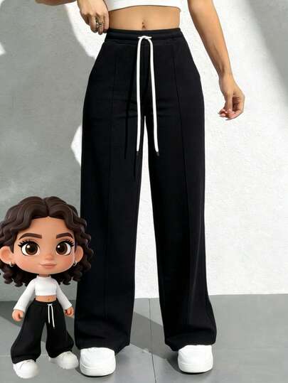 Pantalones de chándal de cintura alta de color sólido - Pantalones de yoga de pierna ancha y corte holgado con bolsillos laterales, adecuados para el uso diario en otoño, pantalones casuales holgados de unicolor y elegante y minimalista