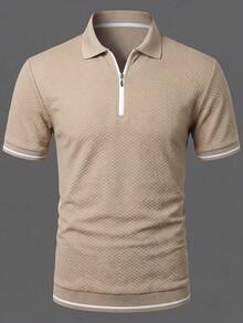 Calvornis 男士休闲商务 Polo 衫，适合日常穿着，舒适提花面料，休闲成熟风格，杏色针织 Polo 衫，罗纹细节，适合网球、高尔夫等正式场合。 - 卡其色 - 查看 4