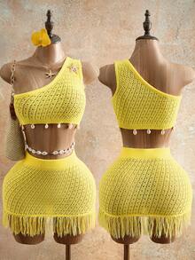 Mistrie Women's 2-Piece Sweater Set: Yellow One-Shoulder Cropped Top & Fringed Bodycon Mini Skirt, Elegant & Sexy Summer Beach Holiday Outfit - Yellow - View 5