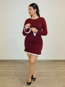 MDEdit 时尚荷叶边下摆女士毛衣连衣裙，适合约会和度假穿着 - 酒紅色 - 查看 5