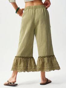 Bohemela 休闲梭织牛仔拼接蕾丝下摆宽松直筒七分裤 - 綠色 - 查看 7