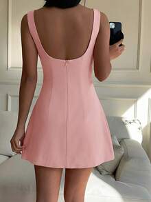 CovetEZ Women's Summer Solid Color Zipper Front Casual Versatile Dress, Watermelon Pink Dress, Women's Summer Dress, Tea Party Dress, Pink Graduation Dress, Business Casual Outfit - Watermelon Pink - View 2