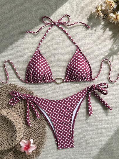 Swim Mod Bộ đồ bơi nữ màu đỏ chấm bi trắng, kiểu cổ yếm, khóa kim loại, gợi cảm, thích hợp cho kỳ nghỉ hè, đi biển.