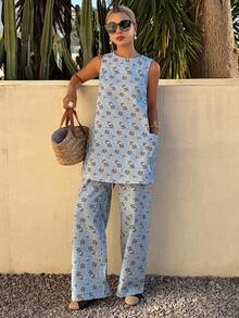 DAZY Women's Floral Print Sleeveless Long Tank Top And Wide Leg Pants Casual Summer 2 Pieces Set - Blue - View 3