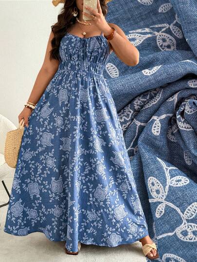 Ceyna Vestido casual elegante de talla grande con estampado floral bordado y lazo en la cintura, estilo francés