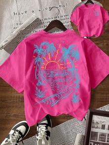 EMERY ROSE Women's Palm Tree Print Casual Round Neck Short Sleeve T-Shirt - Hot Pink - View 1
