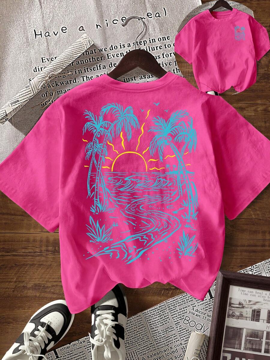 EMERY ROSE Women's Palm Tree Print Casual Round Neck Short Sleeve T-Shirt - Hot Pink - View 1