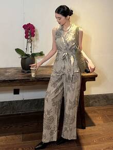 DAZY Women's Casual Floral Print Waist Belt Camisole And Wide Leg Pants 2 Pieces Set, Spring/Summer - Grey - View 3