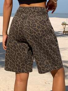 DAZY Teen GirlWashed Leopard Print Denim Shorts - Brown - View 7