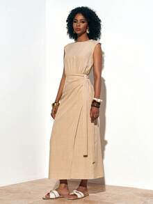 Zivah 春夏新款音乐节、复活节、圣帕特里克节、情人节、约会、西部风、游牧风、生日派对、毕业典礼、学院风、学生装、日常穿着、百搭基础款、休闲装、度假、邮轮旅行、海滩、日光浴、爆款、街头风、婚礼宾客、通勤、早午餐、机场、派对、假日郊游、办公室穿着 无袖圆领系腰木纽扣装饰长款裹身亚麻棕色连衣裙 - 棕色 - 查看 9