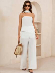 Lymera Women's Casual Fashionable Soft & Comfortable White Bandeau Top, Loose Pants, Silky Scarf Set, Spring/Summer - White - View 1