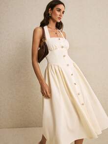 Poéselle 优雅纯色露背连衣裙，夏季 - 米色 - 查看 8