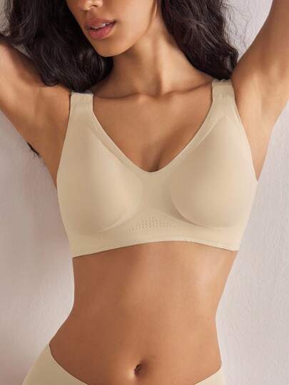 Ocili 1pc Casual-Comfy Minimalist Style Solid Color Comfortable Seamless Adjustable Shoulder Strap Lift & Support Wireless Removable Padded Bra For Women