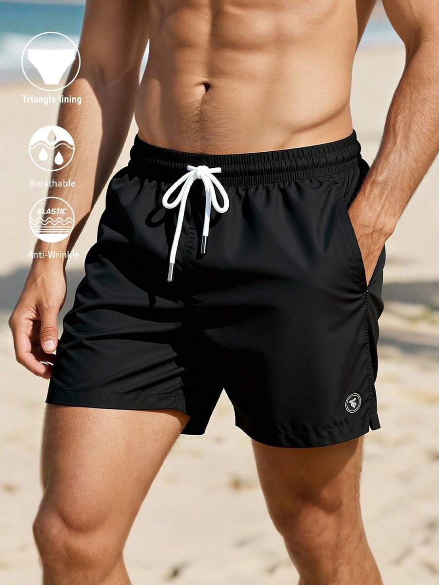 Horizaway 男士纯色休闲沙滩短裤 - 黑色 - 查看 1