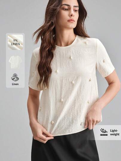 Ontre قميص أبيض عاجي مريح من خليط القطن والكتان، يمتص الرطوبة، بياقة دائرية وأكمام قصيرة، مزين بأزرار اللؤلؤ، بتصميم عصري رومانسي أنيق وكلاسيكي، مناسب للرحلات البحرية وحضور الأعراس والملابس الرسمية الكاجوال والمكتبية