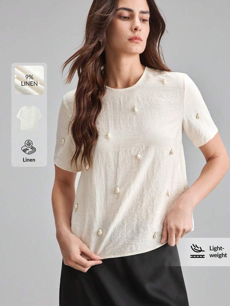 Summer Elegant Off-White Linen Blend Blouse For Women,Tea Party Pearl Button Round Neck Short Sleeve Top,Business Casual Office Wear Vintage Style