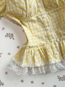 SHEIN Unity Casual Fitted Waist Puff Sleeve Pure Cotton Women Blouse - Yellow - View 4